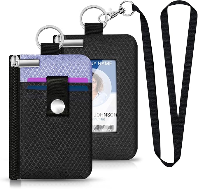 Minimalist RFID Blocking Small Wallet with ID Window,WaterResistant Zip Id Case Wallet with Lanyard Keychain for Cards,Cash,Travel,Women,Men (Black/Lavender Purple) - Image 6