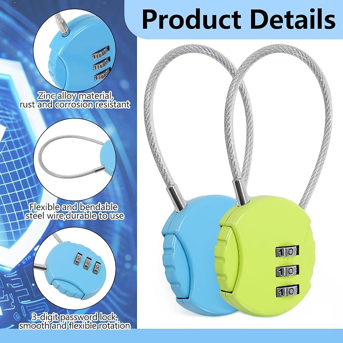 16 Pack 3 Digit Combination Cable Padlock,Assorted Color | Resettable for Gym Locker Luggage Backpack, Waterproof Outdoor Security, Small Combo Lock for Travel School Storage - Image 3