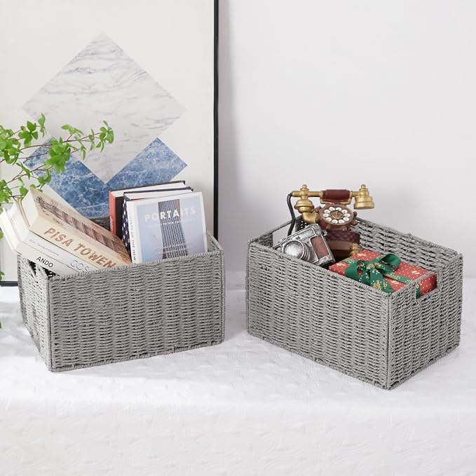 Wicker Storage Basket, Set of 2 Hand-Woven Paper Rope Wicker Basket, Small Storage Baskets for Organizing Toilet Paper Basket, Foldable Large Cube Storage Organizer Bins for Shelves (Grey) - Image 4