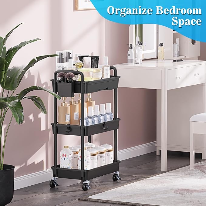 SUNALLY 3 Tier Rolling Cart with Drawer, Craft Storage Cart Organizer,Black | Bathroom Storage Organizer with 2 Lockable Wheels, Rolling Utility Cart for Kitchen, Office, Baby, Makeup, Nail,Snack,Laundry - Image 6