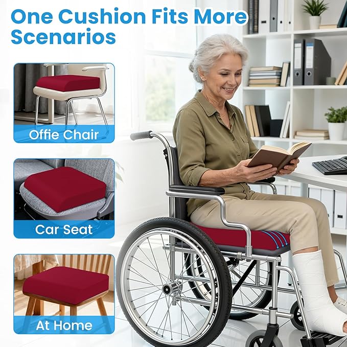 Wheelchair Seat Cushion for Pressure Relief, Cooling Gel Memory Foam Chair Cushion with Slope-Edge Design, Coccyx Support for Tailbone Pain, Non-Slip, for Wheelchairs, Office Chairs & Car Seats, Red - Image 2