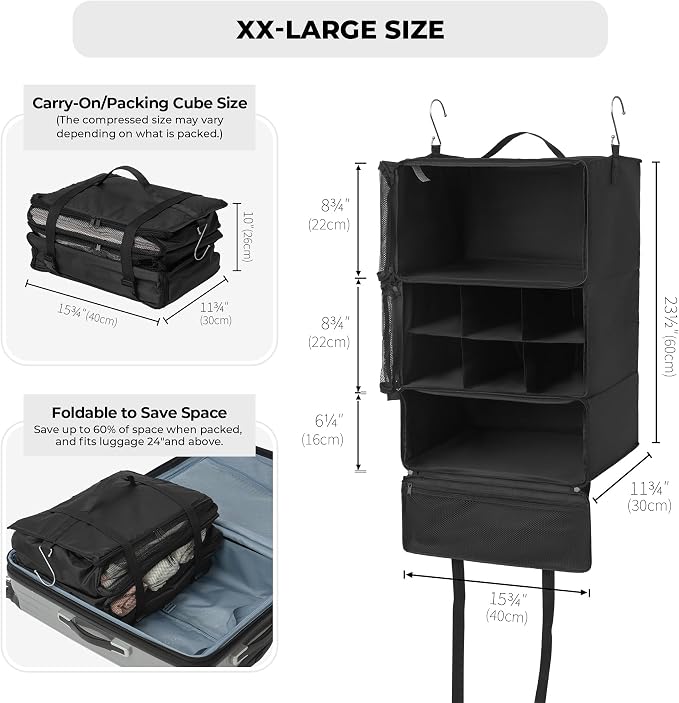 GRANNY SAYS Hanging Packing Cubes, Hanging Suitcase Organizer, XXL-Black | Portable Suitcase Organizer, Travel Packing Organizers, Compression Luggage Bags for Clothes, Carry on Closet Suitcase - Image 3