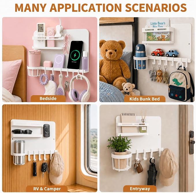 Metal Bedside Wall Shelf,【No Drill】 Wall Organizer for Dorm Teen Room Decor | Floating Bedside Shelf Wall Mount Nightstand for Bedroom, Loft Bed, Bunk Bed, Small Room Stuff, Teen Girl, RV Shelves, Dorm - Image 8