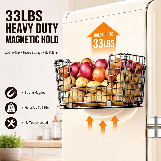 Magnetic Shelf for Fridge - 3 Pack Fruit & Vegetable Storage Organizer | Magnetic Basket for Side of Fridge Storage, Onion Potato Storage Bin, Magnetic Spice Rack for Refrigerator, Kitchen Pantry - Image 2