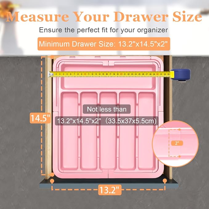 Silverware Organizer Expandable Kitchen Utensil Drawer Organizer Large BPA Free Adjustable Cutlery Silverware Tray for Spoons Forks Knives Storage Divider for Kitchen Flatware 6-9 Slots Pink - Image 5