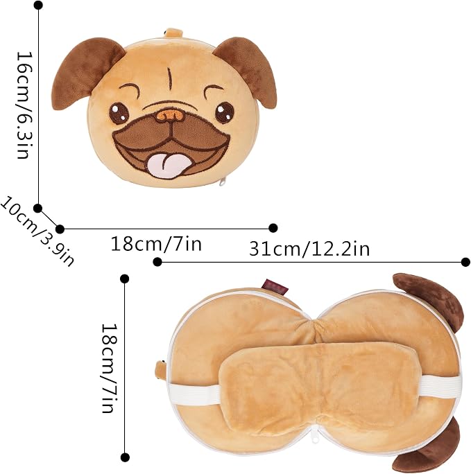 U Scinan Cute Animal 2-in-1 Travel Pillow and Eye Mask – Portable Neck Pillow with Adjustable Strap, Soft Plush Support for Airplane, Car, Train(Pug) - Image 4