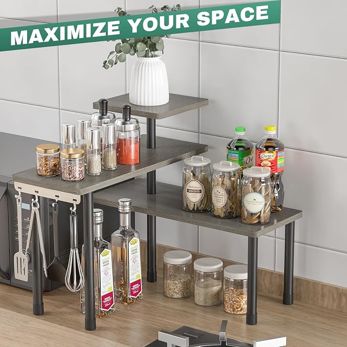 ZHWS Kitchen Countertop Organizer, Bathroom Counter Organizer, Adjustable 3 Tier Corner Shelf with 4 Metal Hooks for Counter Organize, Spice Rack, Makeups, Coffee Station Bookshelf (Rustic Grey) - Image 6