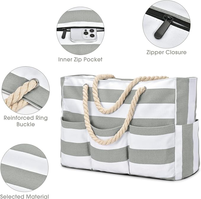 Becokan Beach Bags for Women Canvas Large Beach Tote Bag Zipper Waterproof Sandproof Foldable Swim Pool Bag with 7 Pockets - Image 4