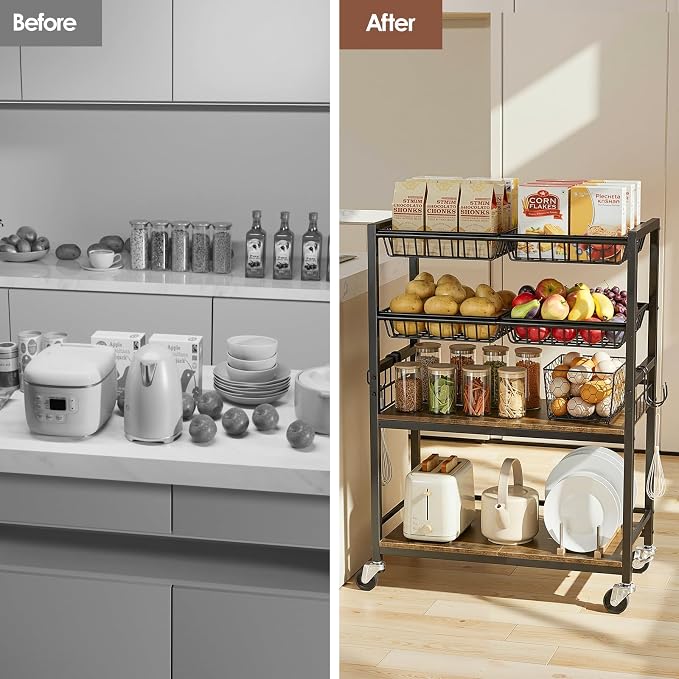 Fruit Vegetable Storage Cart, 4 Detachable Basket | 4-Tier Kitchen Rolling Storage Cart, Fruit & Vegetables Stand, Snack Organizer for Kitchen, Bathroom, Living Room - Image 2