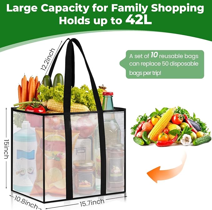 Reusable Grocery Bags, Clear Shopping Bags, 10 Pack, 42L | Heavy-duty, 66-lb capacity, reinforced handles, stands upright, foldable, water-resistant, wipe-clean, visible contents - Image 3