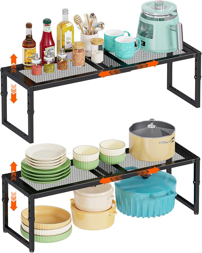 2 Pack Expandable Kitchen Cabinet Shelf Organizer, 15.5"-25.5" Long Adjustable Storage Shelves Organizers for Kitchen Countertop Pantry Cupboard Table Desk Counter, Stackable, 30LBS Load Capacity by Cottage+Charm
