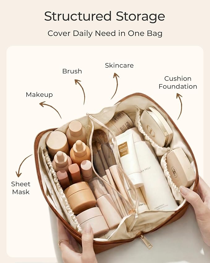 BAGSMART Makeup Bag Travel Cosmetic Bag,Women Toiletry Case, Cream Beige | Make Up Bag Flat Open Toiletry Bag for Women, PU Leather Travel Essentials Wide-open Skincare,Brushes Organizer Case Large - Image 2