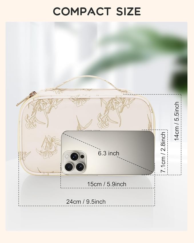 Relavel Travel Small Makeup Bag, Floral Cosmetic Bag with Brush Compartment | Portable Makeup Pouch for Women, Double Layer Cute Toiletry Organizer Bag with Accessories, Lily Floral - Image 2