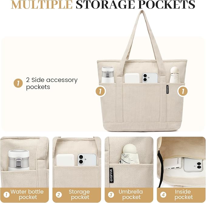 Large Canvas Tote Bag for Women, Beach Bag with Zipper, Utility Tote Bag with 3 Front Pockets, Weekender Pool Bag - Image 4