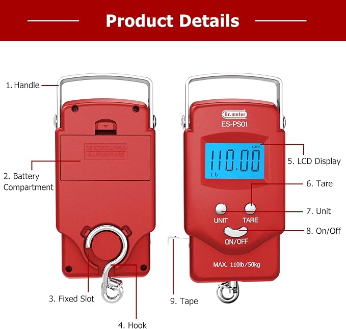 Dr.meter Fish Scale, 110 lb Digital Luggage Scale with Tape | 110 lb Capacity, Backlit LCD, Built-In Tape, Includes 2 AAA Batteries, Compact Pocket Size - Image 7