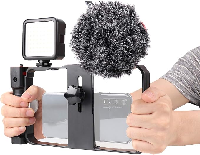 FocusFoto Smartphone Video Rig Camera Cage Mount Holder Stabilizer (Removable Handle Grip Version) with by-MM1 Microphone Mic + 49 LED Light Kit for Mobile Phone iPhone Filmmaking Videomaker - Image 2