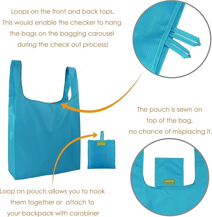 BeeGreen Light Blue Reusable Shopping Bags Wholesale Blue Reusable Grocery Bags Bulk Foldable-Machine Washable with Zipper Storage Pouch 20 Pieces - Image 5