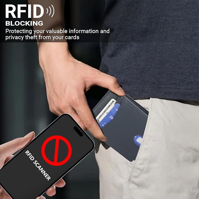 VATAN Wallet for Men Slim RFID Blocking Leather Credit Card Holder Wallet for 15 Cards, Bifold Minimalist Thin Wallet with 2 ID Windows & Cash Slot, With Gift Box (Cross Grain Deep Blue) - Image 8