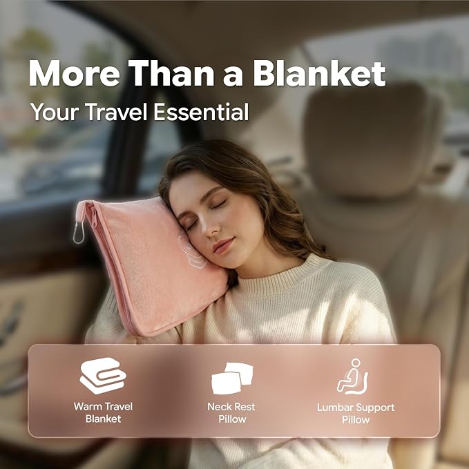 Travel Blanket, Soft 2-in-1 Airplane Blanket, 65x40 Inches, Travel Blanket Airplane Compact with Bag, Car Blanket with Luggage Sleeve & Backpack Clip (Peachy Pink) - Image 6