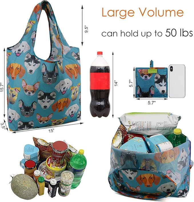 BeeGreen Shopping Bags Cloth Grocery Bags Foldable Travel Bag Tote Bags Bulk - Reusable Gift Bags with Handles (6 Pack) - Heavy Duty Large Washable Animal Holiday Design for Women Travel & Groceries​ - Image 3