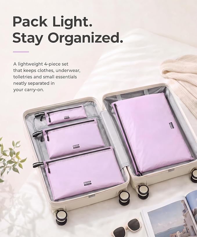 Ultralight Travel Organizer Bags, 4 Set Lightweight Zipper Pouches for Packing, Soft Packing Cubes for Carry-On Suitcase, Clothes, Underwear, Toiletries and Small Essentials, Lavender Purple - Image 3