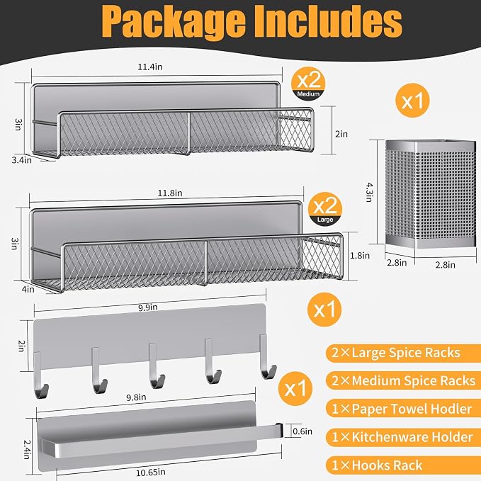 Magnetic Spice Rack for Refrigerator, 7 Pack 100% Metal Strong Magnet Shelves, Kitchen Spice Organizer W/ Hook Rack, Paper Towel Holder, Utensils Caddy, Home Laundry Room Storage Organization (Grey) - Image 2