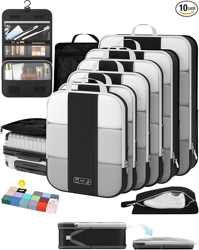 OlarHike 10 Set Compression Packing Cubes for Travel Essentials,Compressible Expandable Space Saver Bags for Organizing Clothes,Luggage Suitcase Garment Bags with Over 1000 pcs Mesh Holes(Black) by OlarHike