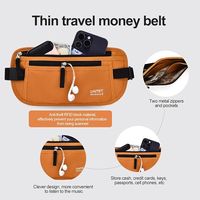 RFID Blocking Money Belt for Men Women, Slim Fanny Pack for Travel，Running,Conceal Waist Wallet for Passport Holder,Phone,Cash(Brown Orange) - Image 4