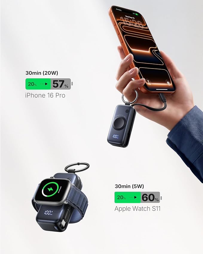 INIU 20W SnapGo Portable Charger, 5000mAh Mini Power Bank for Apple Watch | 20W Fast Charging, Travel Keychain, Built-in USB-C Cable, Flight-Safe, Battery Pack for Apple Watch, iPhone 17 etc - Image 5