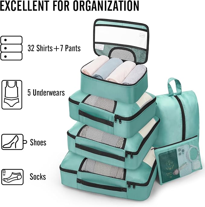 Veken 8 Set Packing Cubes for Travel Essentials, Suitcase Organizer Bags in 4 Sizes, Carry-On Luggage Accessories with Laundry Bag, Airplane Must Have with 99-Count Mesh Holes - Image 5