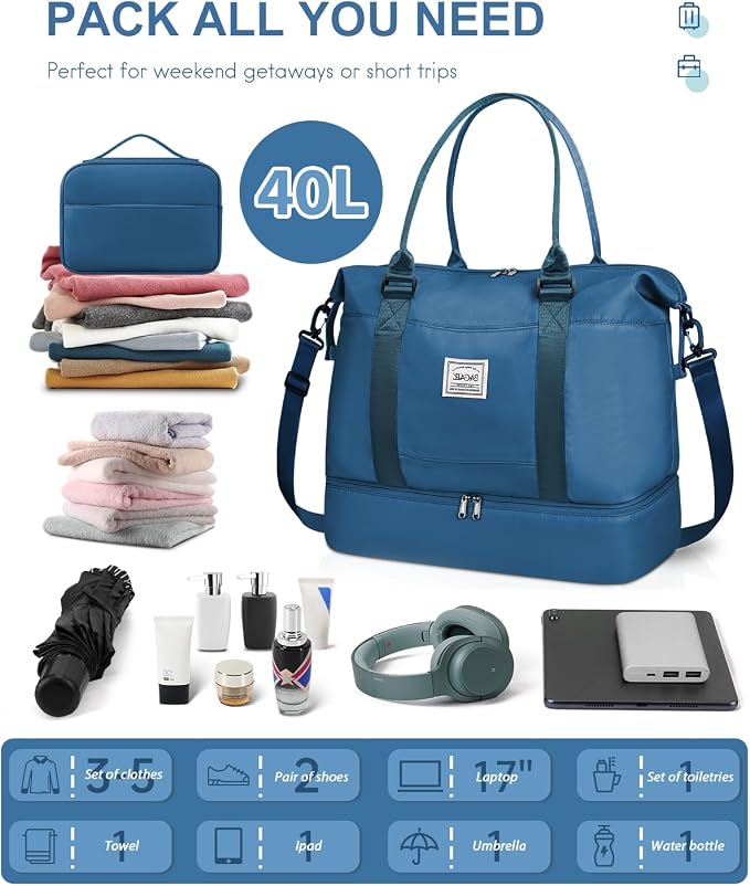 BAGAIL Travel Duffel Bag, Weekender Bags for Women, Overnight Gym Carry On Tote Bag with Wet Pocket, Hospital Mom Bag for Labor and Delivery - Extra Large, Peacock Blue - Image 2