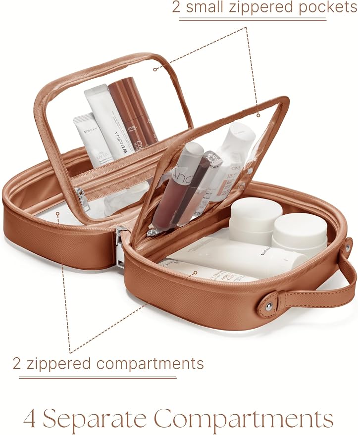Clear Cosmetic Bag Double Layer Travel Toiletry Bag Clear Makeup Bag Case with 4 Compartments, Transparent Travel Bag for Toiletries, Large Toiletry Bag for Women Cosmetic Case (Brown, Small) - Image 3