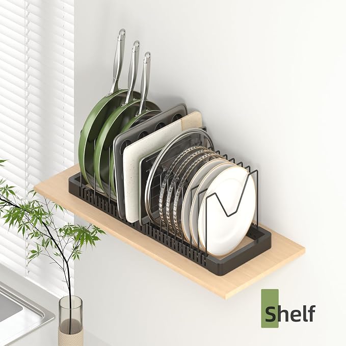 Pots and Pans Organizer under Cabinet, Expandable Pot Lid Organizer Holder with 14 Adjustable Compartment, Pan Organizers inside Cabinet for Lids, Bakeware, Kitchen Storage Pot Rack, Black - Image 8