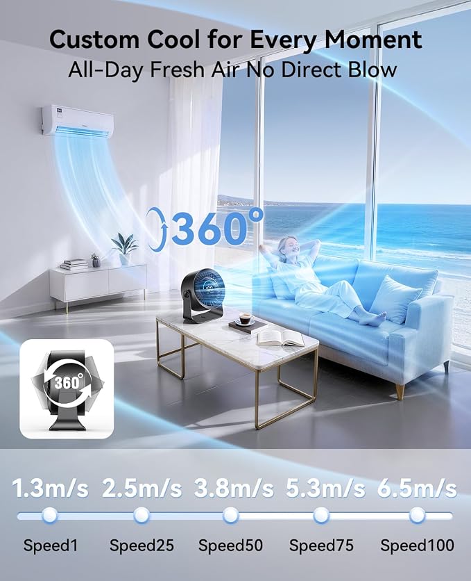 DIGIX Portable Desk Fan, 100 Speeds, 360° Rotation, USB Rechargeable | Quiet LED Display Table Fan with Wall Mount Design. Small Personal Cooling Fans for Home, Bedroom, Office & Travel, Black - Image 4