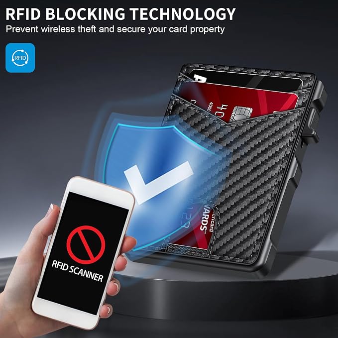 Airtag Wallet for Men, Mens Smart Wallet for Air Tag RFID Blocking, Minimalist Bifold Pop Up Aluminum Credit Card Case Holder 12+ Cards with ID Window, Gift for Men, No Airtag Included, Carbon Fiber - Image 3