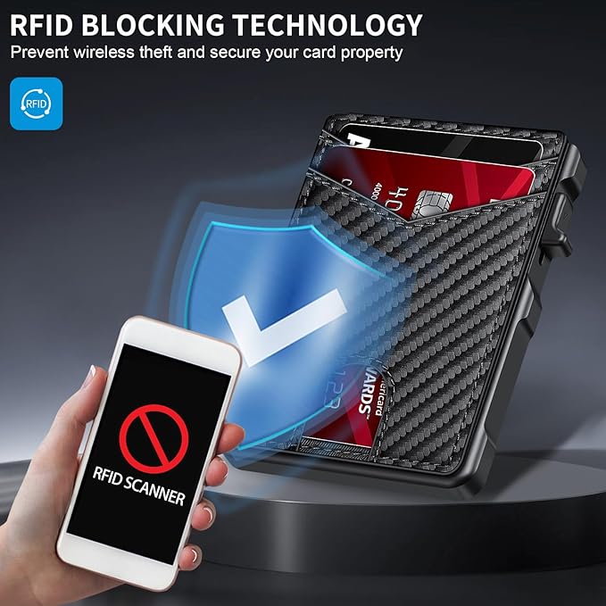 Airtag Wallet for Men, Mens Smart Wallet for Air Tag RFID Blocking, Minimalist Bifold Pop Up Aluminum Credit Card Case Holder 12+ Cards with ID Window, Gift for Men, No Airtag Included, Carbon Blue - Image 3