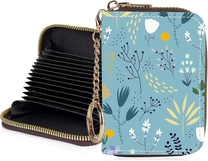 Credit Card Holder for Women,Small Rfid Wallet with Keychain Zipper,Cute PU Leather Card Case Wallet，Accordion Credit Card Wallets Gift,Blue Grass White Flowers by Unknown