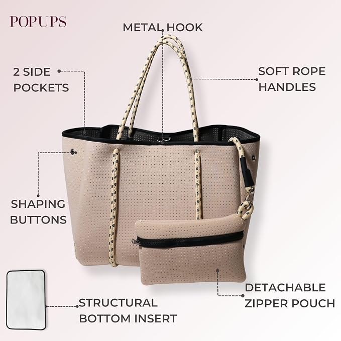 POPUPS Large Neoprene Tote Bag for Women - Everyday Designer Handbag for Travel Work and Beach with Pockets and Zipper Pouch - Image 8