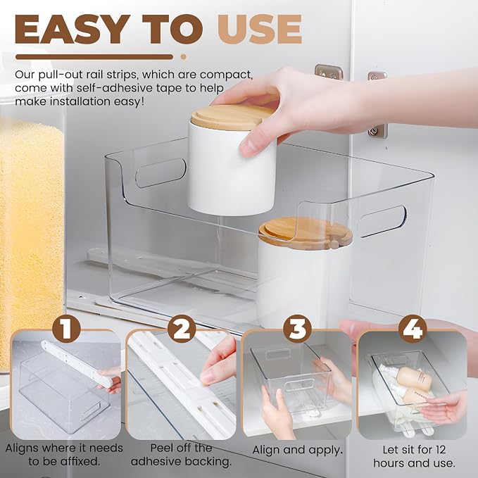 LELE LIFE Adhesive Pull Out Cabinet Drawer Sliders, Drawer Bin Organizer Sliding Rails Guides, No Drill DIY Basket Slides Bottom Mount for Shelf (4 Pack) - Image 4