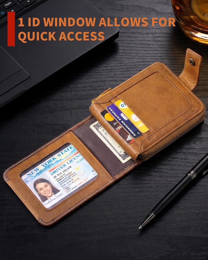 Men's Leather RFID Wallet with Zipper, 14 Card Slots, ID Window | Zippered coin pocket separates loose change; organized for commuting and everyday carry (Brown) - Image 4