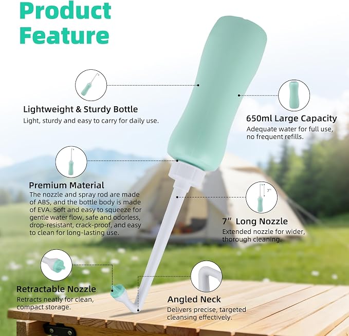 Hibbent 2 Pack 650ml Portable Bidet Sprayer for Women or Men, Handheld Travel Bidet for Personal Hygiene, Jet Spray Bottle for Toilet & Bathroom, Peri Bottle for Postpartum Care, Travel Bag, Green - Image 3