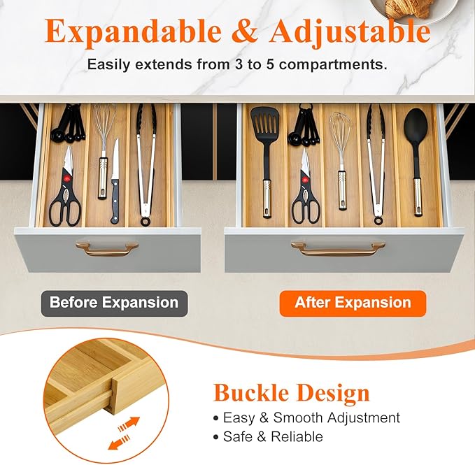 Expandable Bamboo Silverware Drawer Organizer Large Kitchen Utensils Tray | Wide Cooking Utensils Drawer Big Spoon Divider Adjustable Tongs Spatula Organizer Knife Cutlery Tray Wood Flatware Holder - Image 4