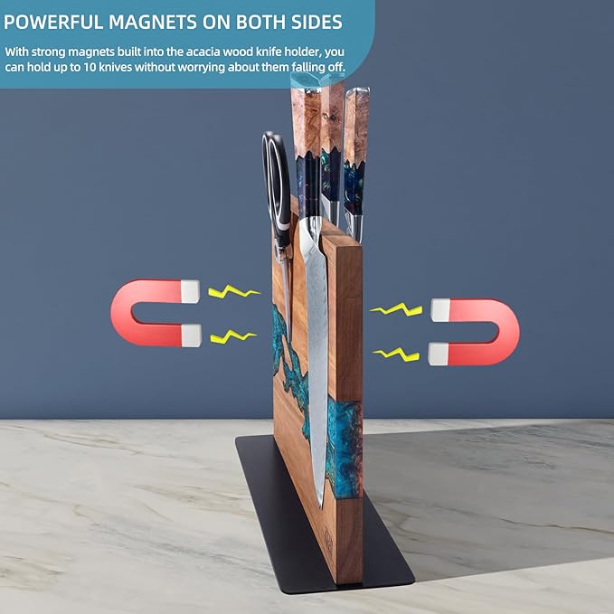 Magnetic Knife Block, Double Sided Holder, Powerful Magnet Kitchen Storage, Acacia Wood and Blue Resin (12 x 10 Inches, Without Knives) - Image 4