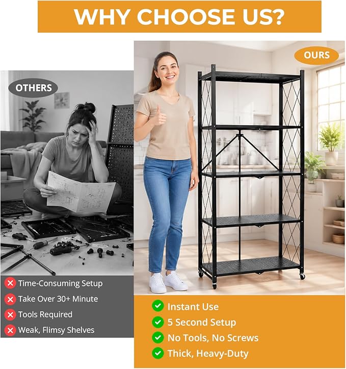 COKIHOM 5 Tier Foldable Storage Shelf with Wheels, Heavy Duty Metal Rolling Shelf Rack, No Assembly Wire Shelving Unit for Kitchen, Books, Living Room, Pantry, Garage, Office, Bedroom, Black - Image 8