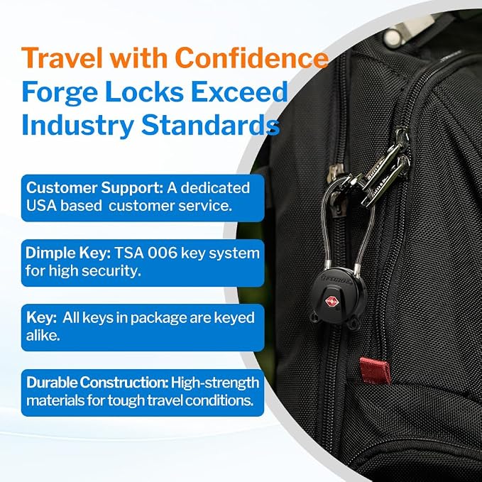 FORGE TSA Approved Luggage Locks Keyed Alike, TSA006 Dimple Key Cable Locks for Luggage, All Metal Zinc Alloy Travel Padlock for Luggage, Suitcase, Backpack, Gym Bags & Toolbox, Black 4 Cable Locks - Image 4