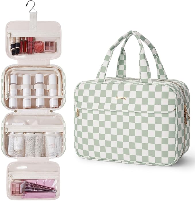 Narwey Hanging Travel Toiletry Bag for Women Checkered Makeup Bag Organizer Cosmetic Make up Toiletries Bag for Travel Essentials Accessories (Mint Green Checkerboard, Large) by Narwey