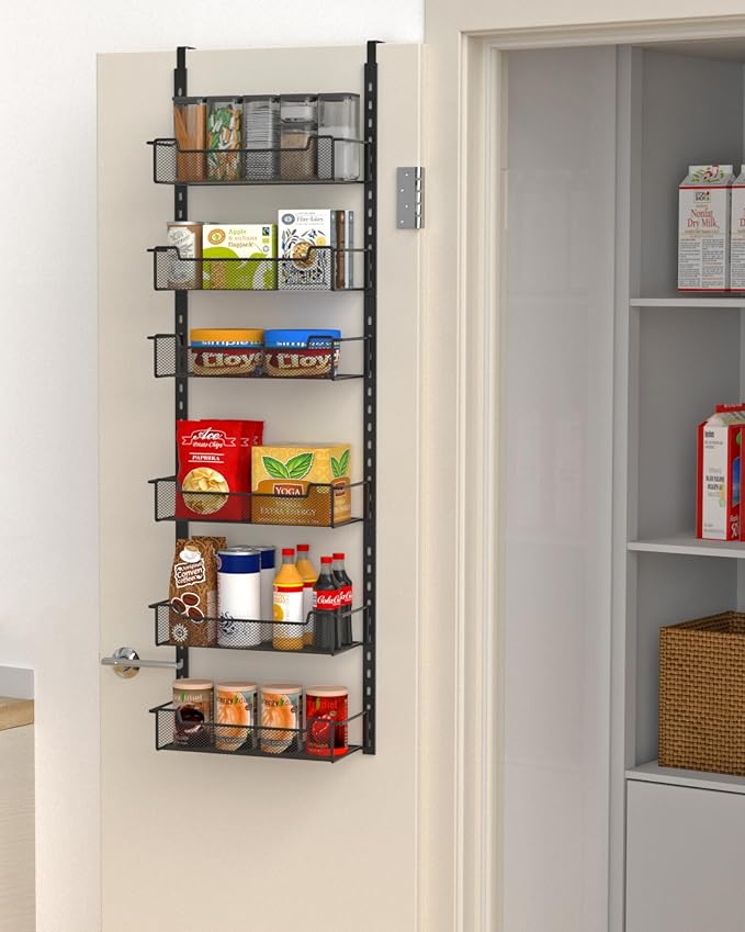 VyGrow 12.3" W Narrow Over the Door Pantry Organizer, 6-Tier Over the Door Organizer with Adjustable Basket, Pantry Door Organization for Pantry Kitchen Storage Room Spice Rack, Black by VyGrow