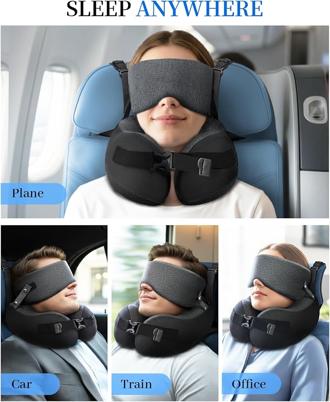 Travel Pillow for Long Flight Airplanes, Head Strap with Soft Eye Mask for Sleep, Memory Foam Travel Neck Pillow for Car Trip Essential, 360° Headrest Support to Stop Head Bobbing, EVA Case, Grey - Image 7