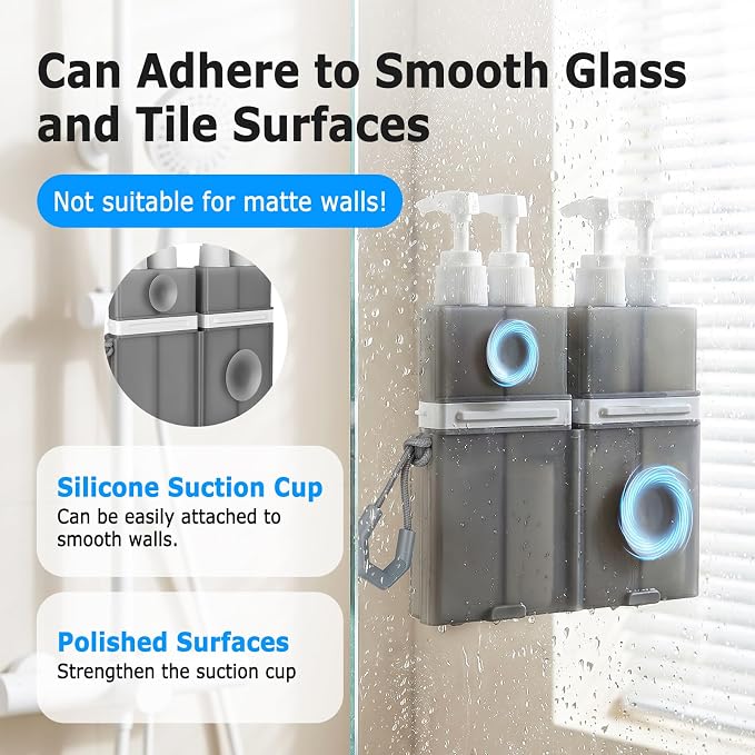 4 in 1 Travel Dispenser Bottles, TSA Approved Leak Proof Refillable Toiletry Containers with Vacuum Suction Cup for Smooth Walls, Portable Empty Bottle Set for Shampoo Conditioner Body Wash - Image 4