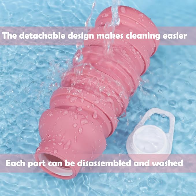 Collapsible Silicone Water Bottle - 20oz Foldable, Leakproof, BPA-Free - for Gym, Travel & Daily Use (Pink) - Image 4